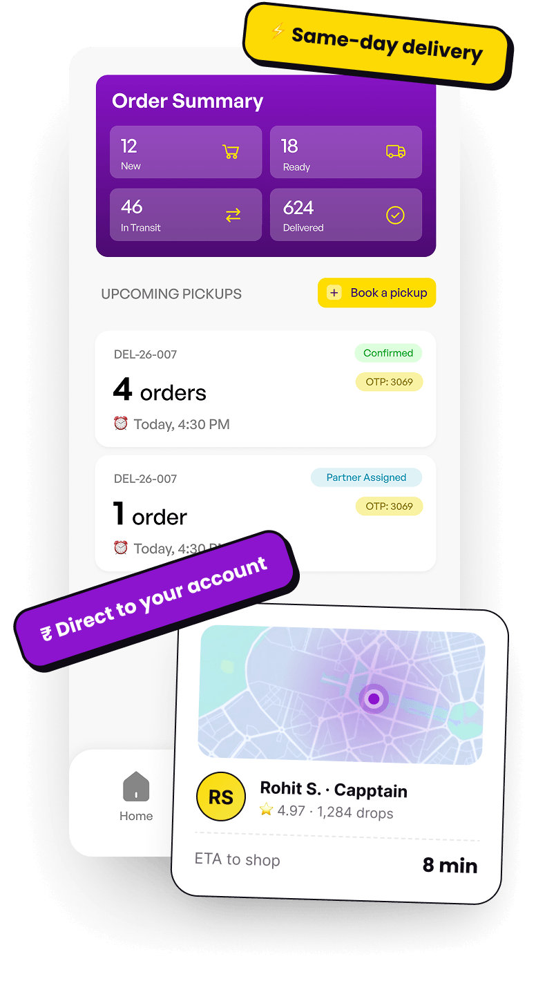 Unicapp seller app showing live route map, verified Capptain partner card, ETA, direct-to-account payouts, and same-day delivery